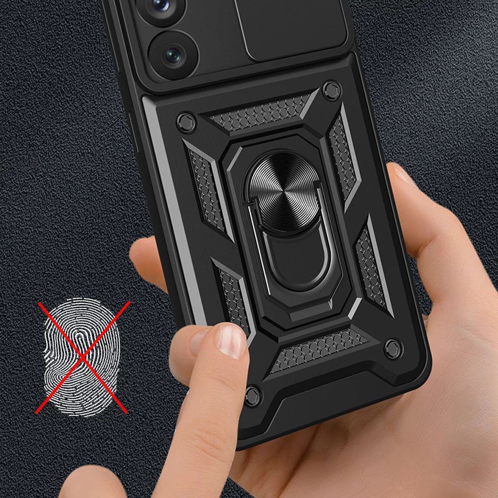 Mbështjellës Hurtel Hybrid Armor Camshield për Samsung Galaxy S23+, me kapak kamere, unazë metalike, Kuq