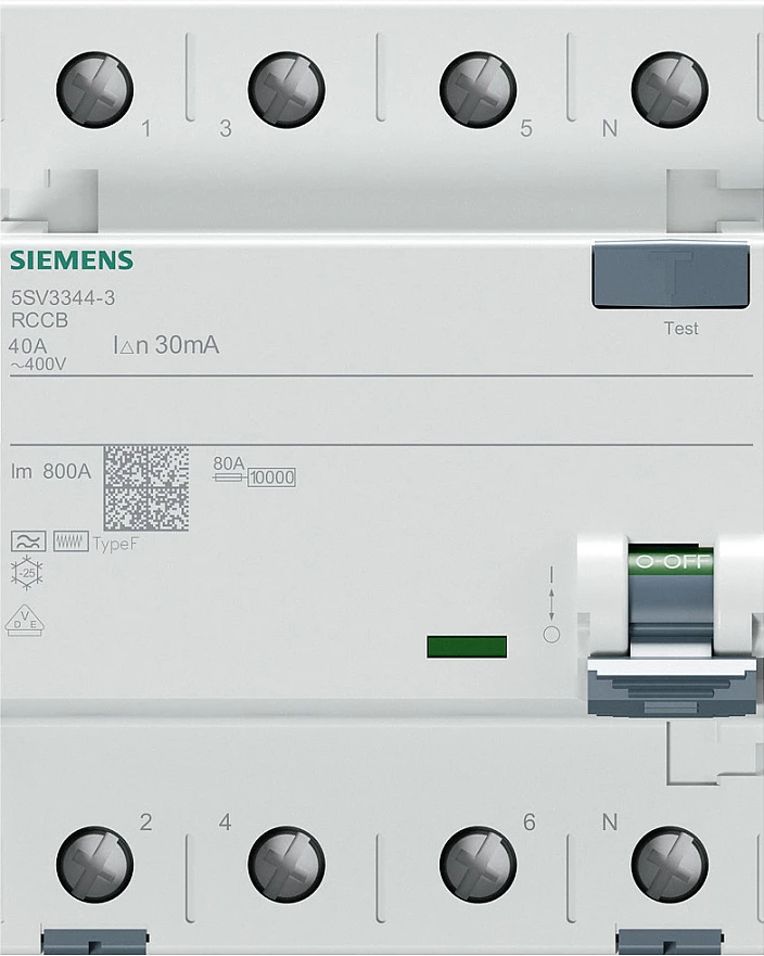 Ndërprerës diferencial (FI) Siemens 5SV33443, 4P (3+N), 40A, 30mA, Tip F, 400V
