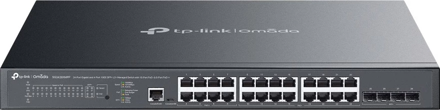 Switch TP-LINK SG3428XMPP Omada, 24 porte Gigabit PoE+, 4 porte SFP+, kasë rack, i zi