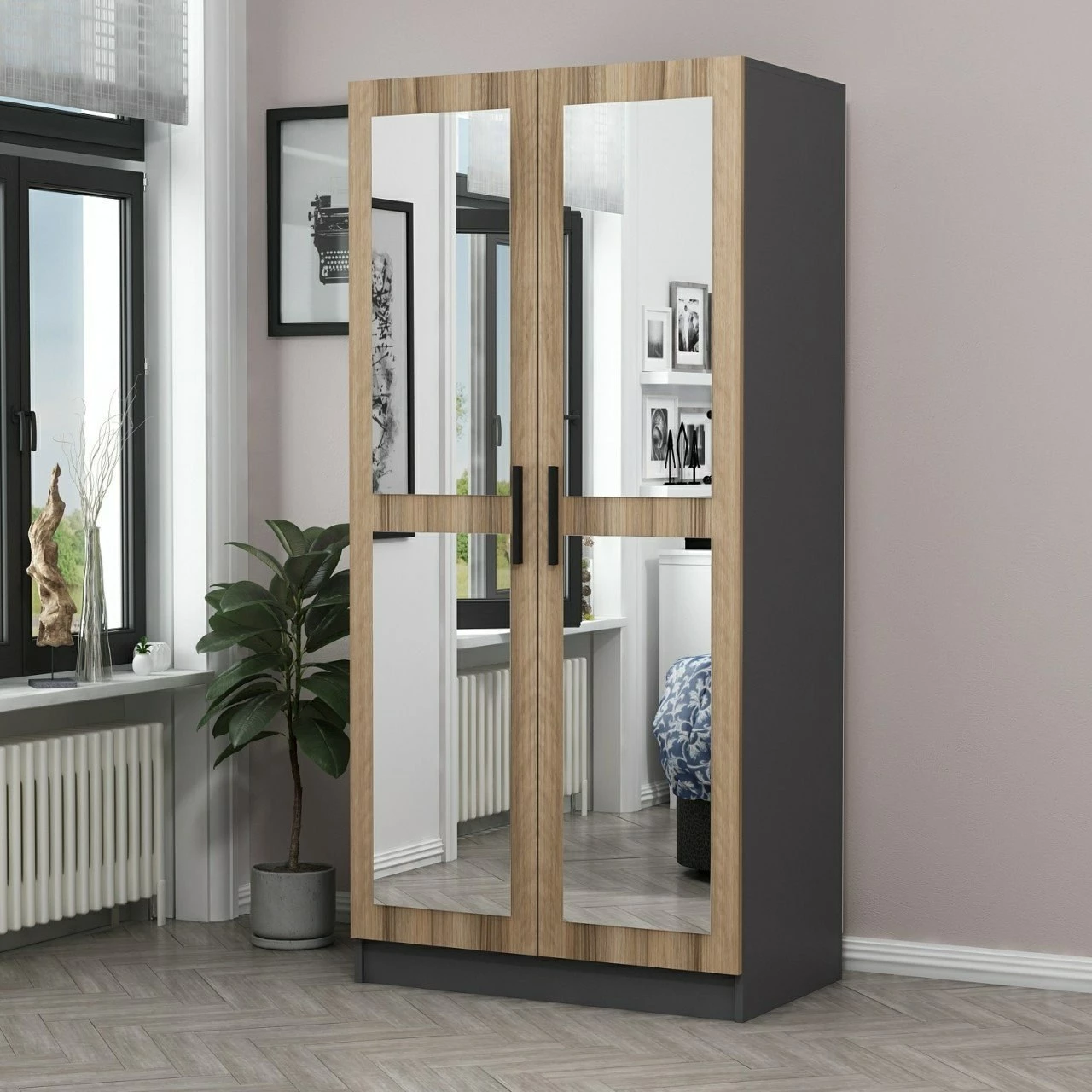 Dollap Skye Decor, pasqyrë Kale, anthracite-lisi, 210cm
