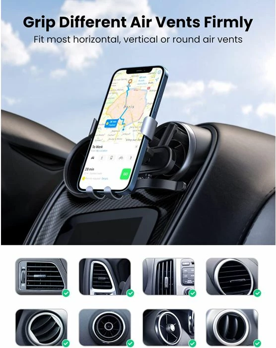 Mbajtës celulari për veturë UGREEN Gravity 30401, montim në grila ajrimi, 4.7-7\", rrotullim 360°, i zi