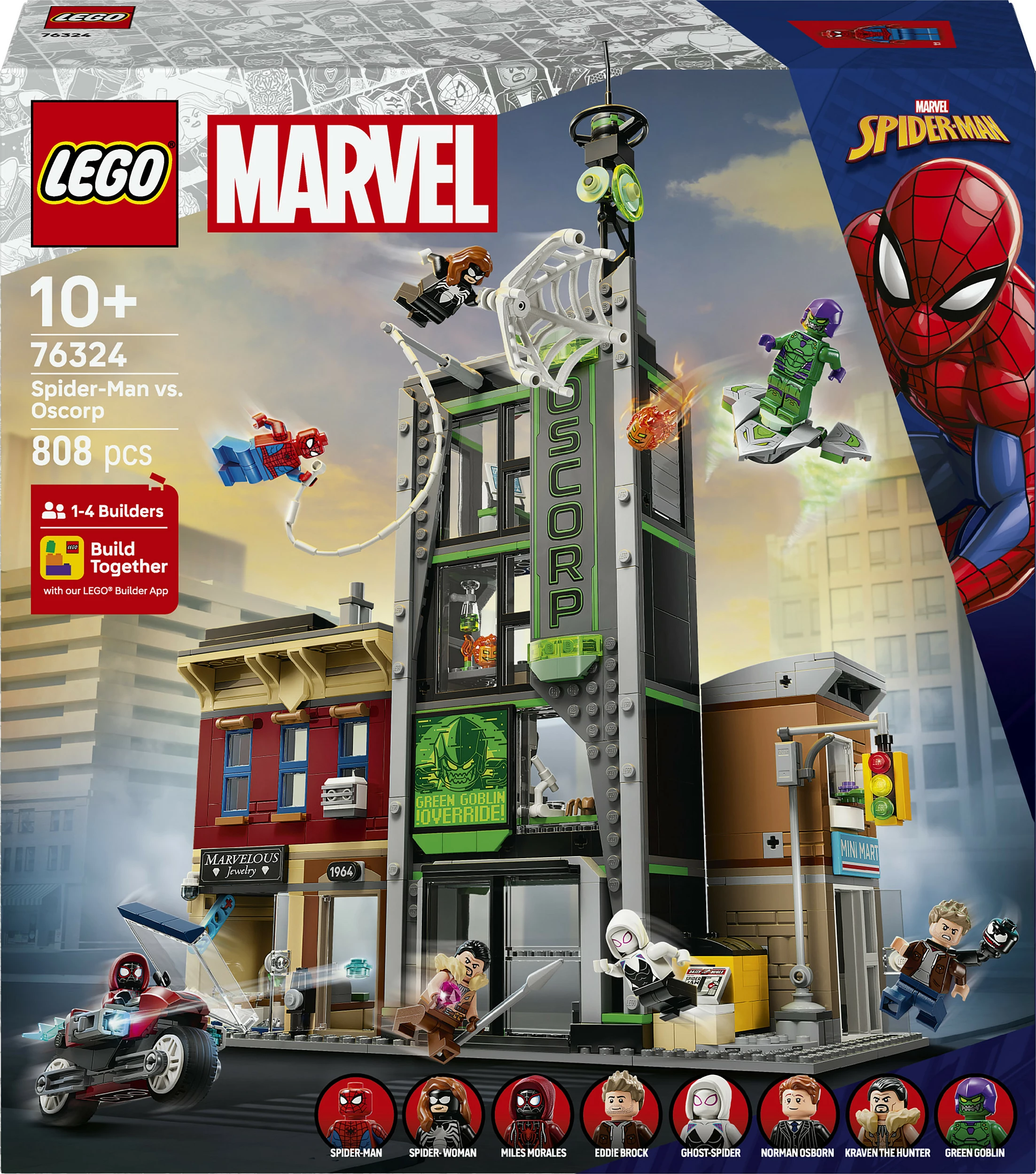 Set ndërtimi LEGO Marvel Spider-Man vs. Oscorp 76324, 808 copë, 10+, shumëngjyrësh