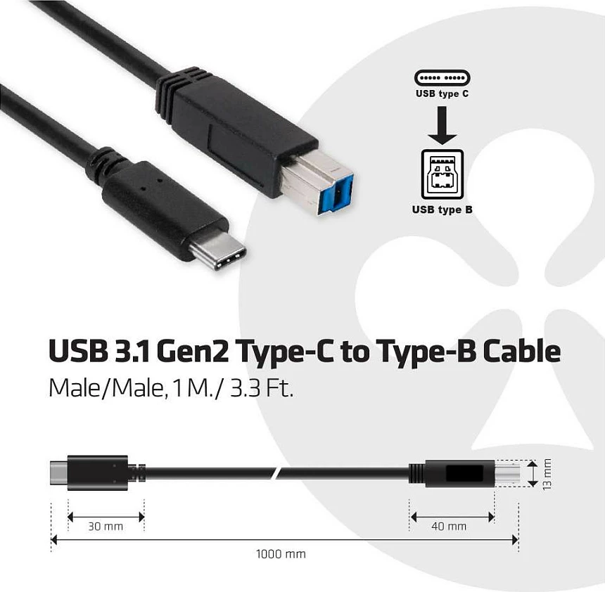 Kabllo USB-C në USB-B Club3D 1m, e zezë
