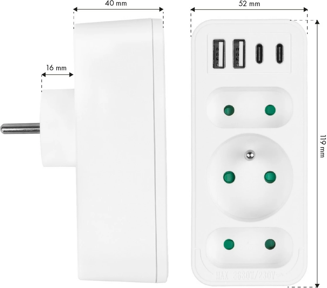 Ndarës prizash Maclean MCE248 F/W, 3 dalje (2 të sheshta + 1 me tokëzim), 2xUSB-A 18W, 2xUSB-C PD 20W, e bardhë