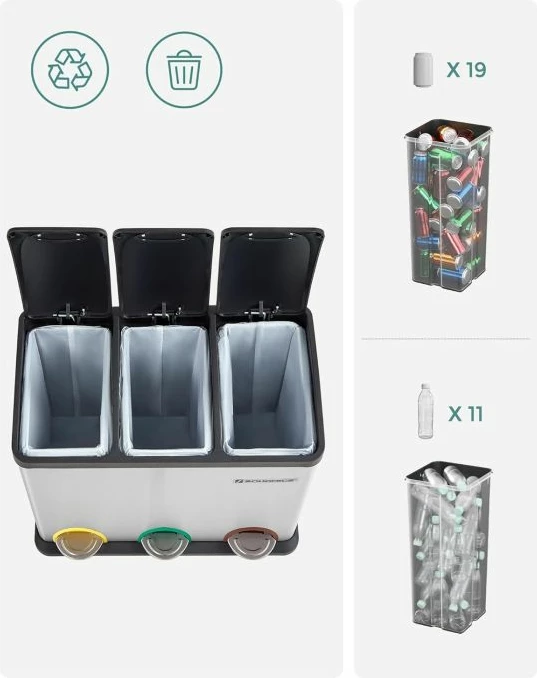 kosh plehrash për ndarje mbeturinash SONGMICS LTB45L 45L (3x15L), me 3 pedale, inox/argjendtë