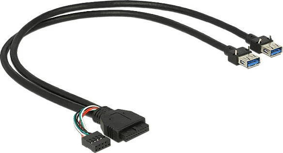 Kabllo adaptor USB header DeLOCK, USB 3.0 pin + USB 2.0 pin në 2x USB-A femër, 0.45 m, 5 Gbit/s, e zezë