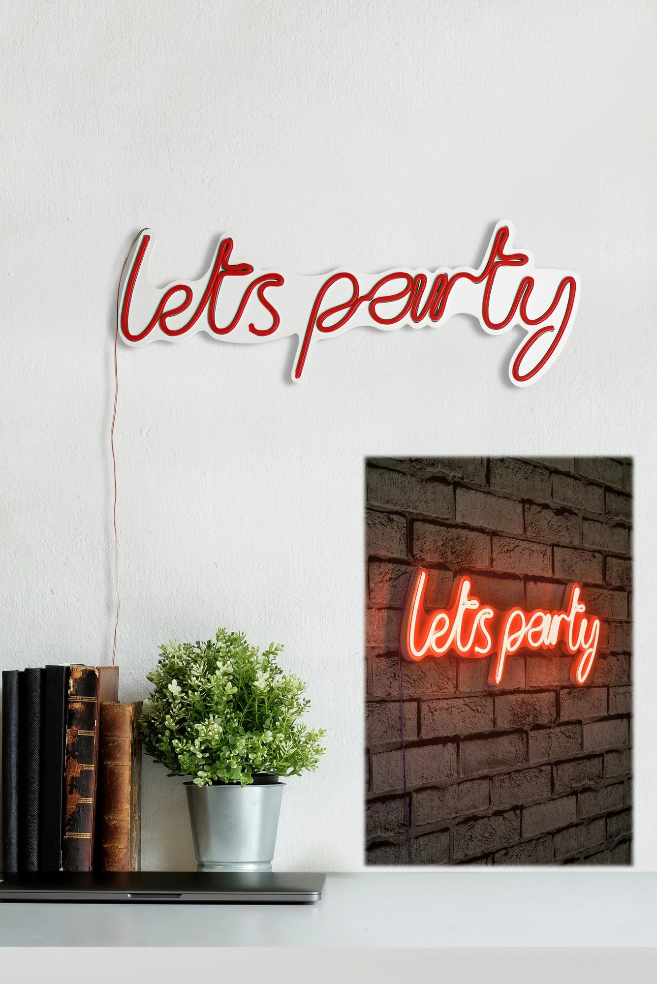 Dekor dritash LED plastik, 'lets party', ngjyrë e kuqe