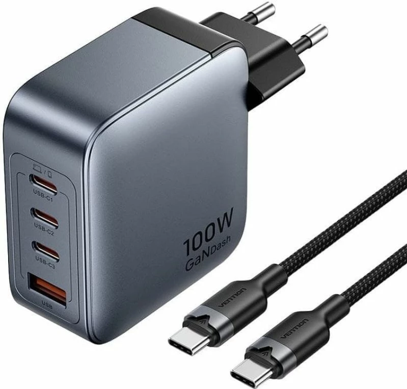 Karikues GaN 100W Vention me 1x USB-A 3x USB-C + kabllo USB-C në USB-C 1m
