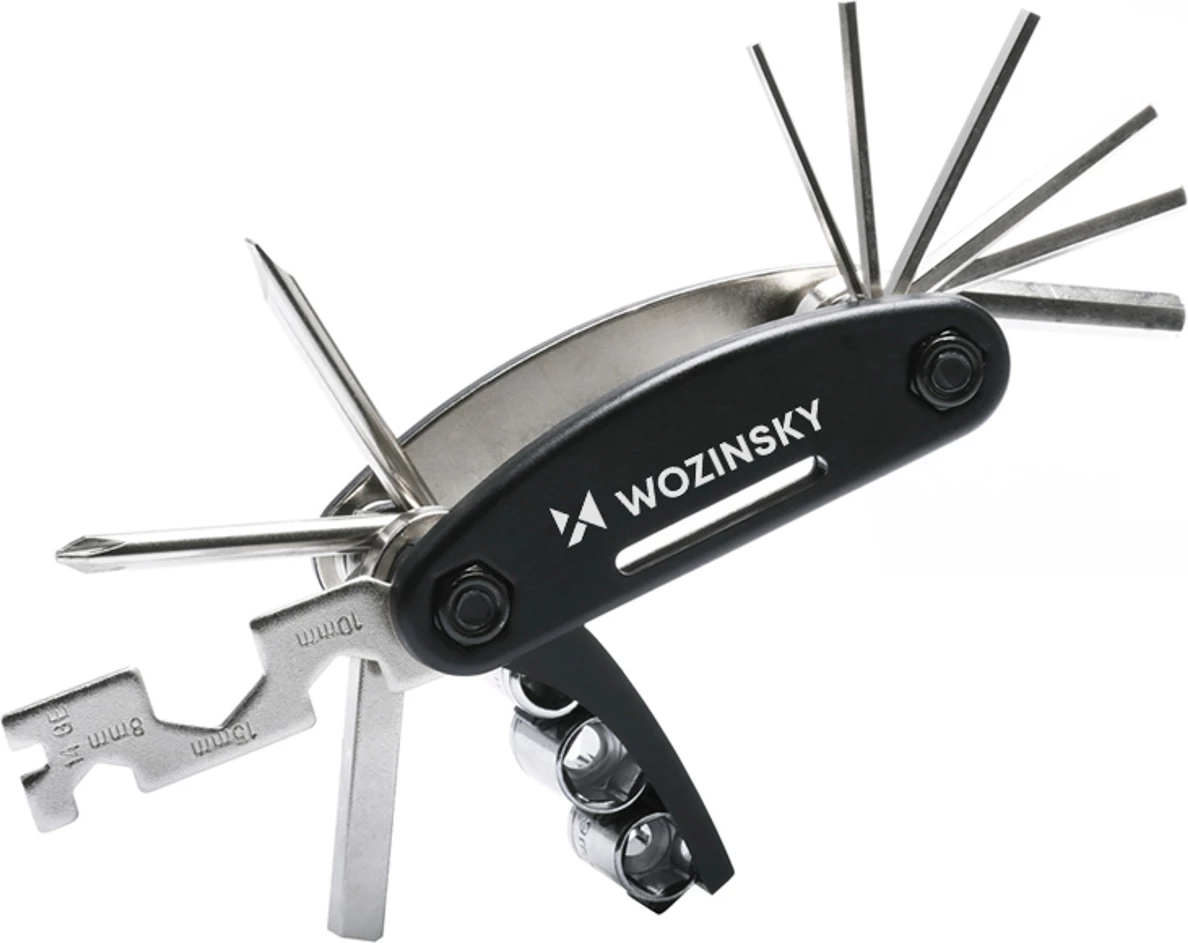 set mjetesh multifunksional për riparim biçiklete Wozinsky WWZ-01N 16-në-1, çelik karbonik i galvanizum, 205 g, 9 x 4.4 cm, zi