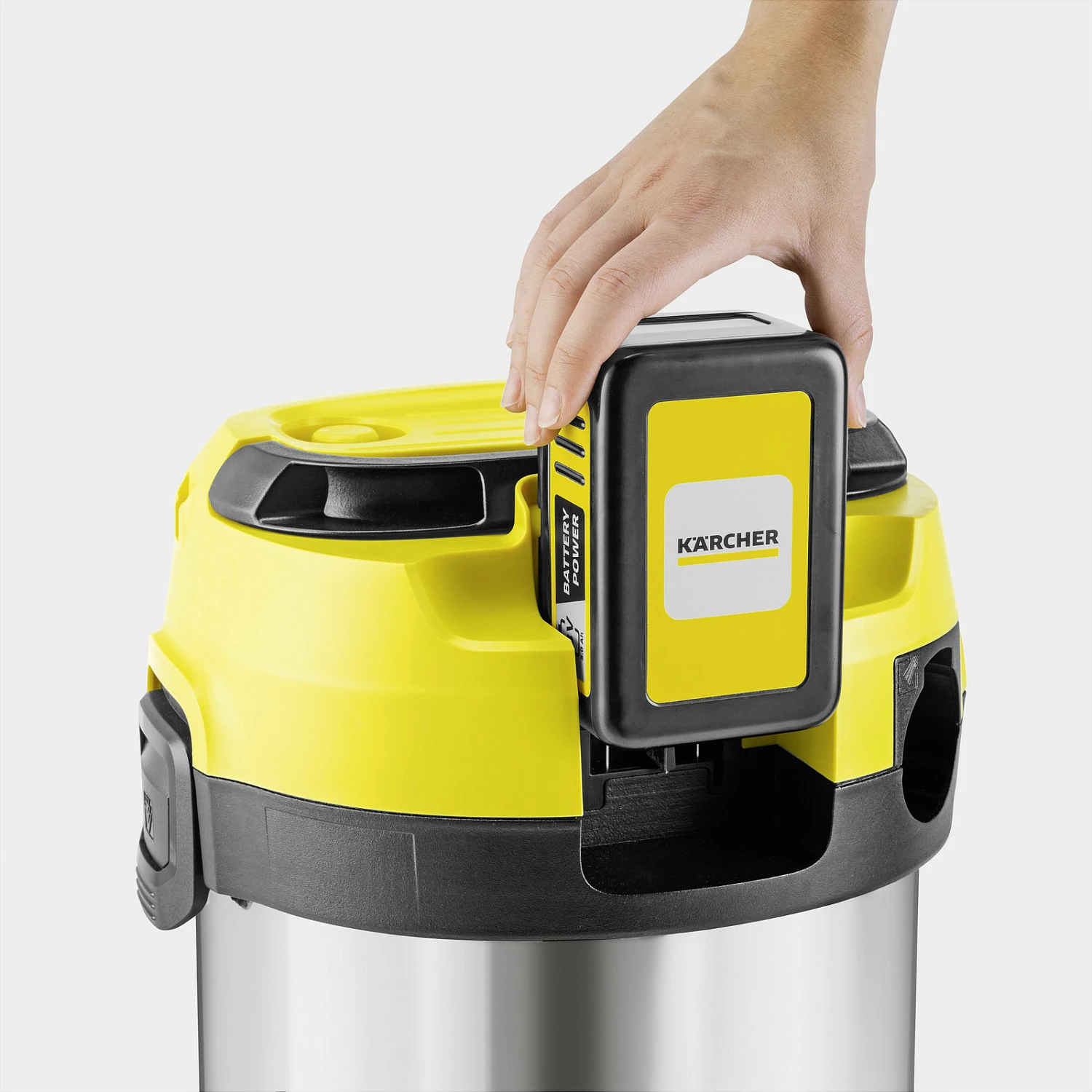 Fshesë me korrent Kärcher WD 3-18 S Battery Set V-17/20, 18V, 17L, Li-Ion 5Ah, inox/e verdhë