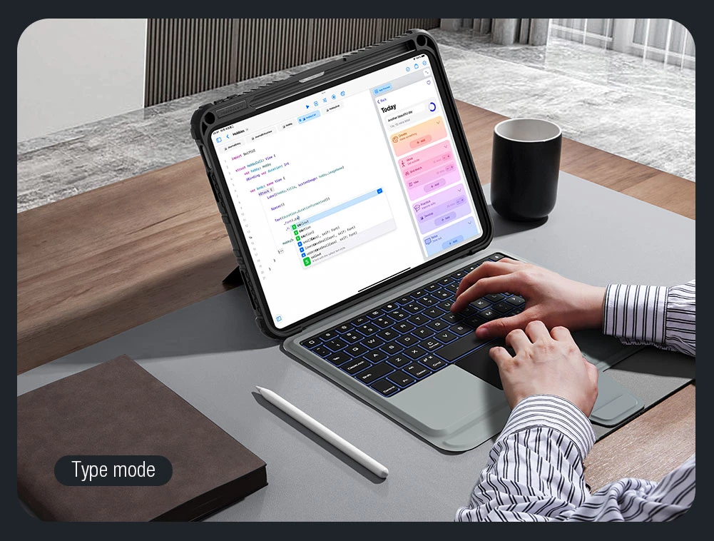 Mbështjellës me tastierë Nillkin 24004 për Apple iPad 10.9" 2022 / 11" 2025, touchpad, taste me drita, Bluetooth 3.0, 180 mAh, e zezë