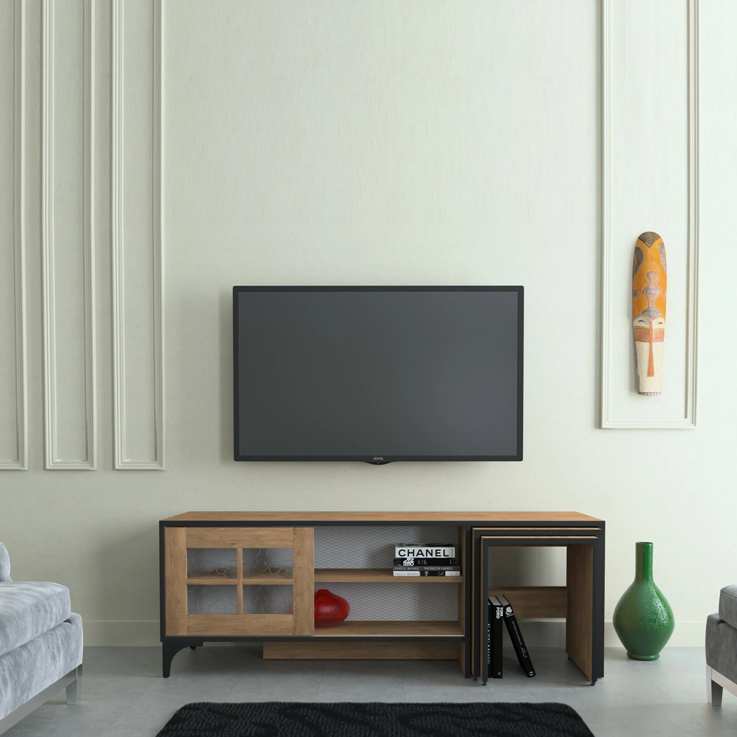 Komodinë për TV Hanah Home Revival, ngjyrë lisi, me tavolina ndihmëse