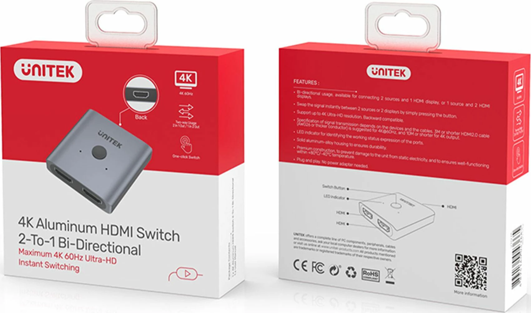 Switch HDMI Unitek bidireksional 2x1/1x2 HDMI 2.0 4K@60Hz, Space Grey, set me manual