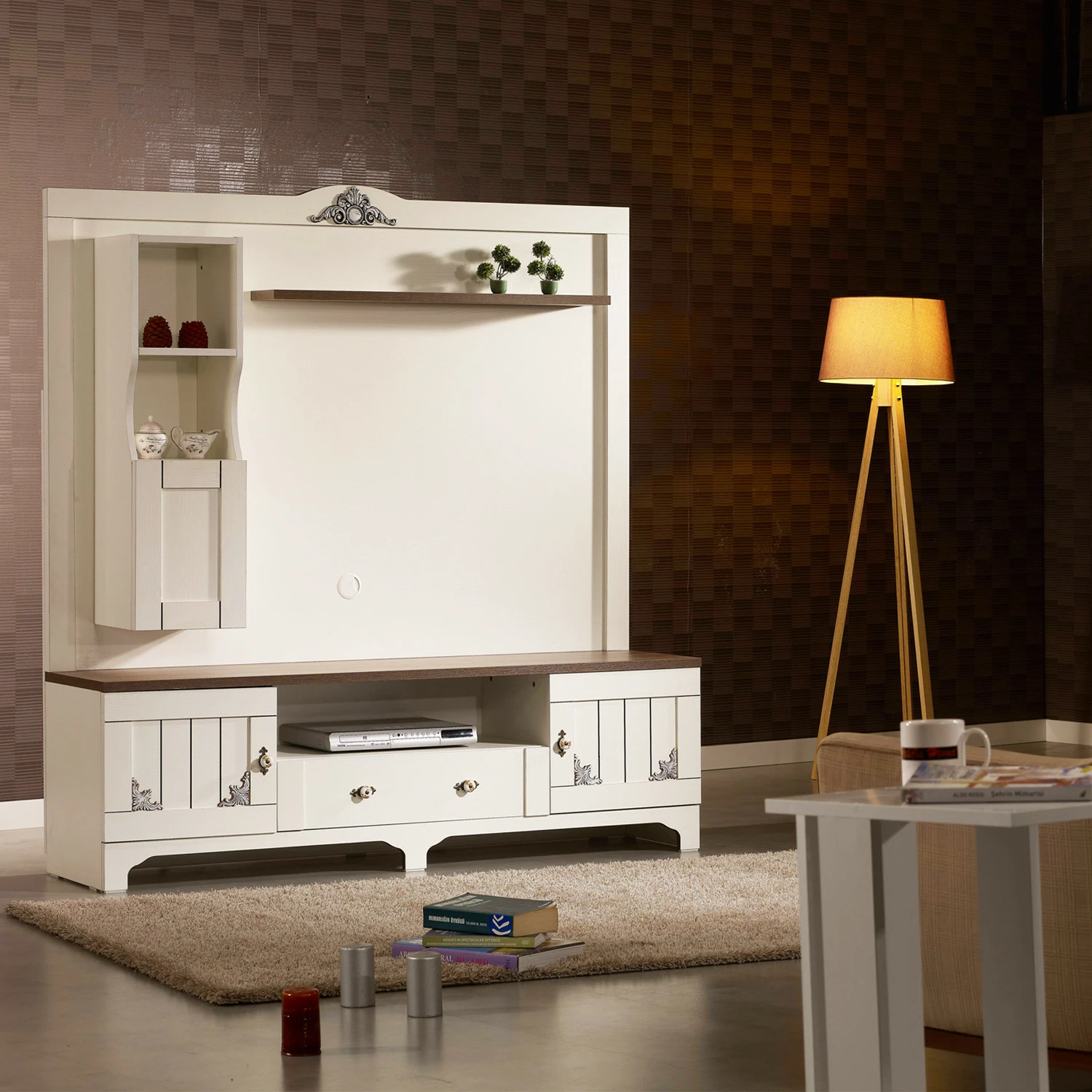 Komodë TV Hanah Home, Gazel, e bardhë dhe kafe, doreza porcelani, 170x182x45cm