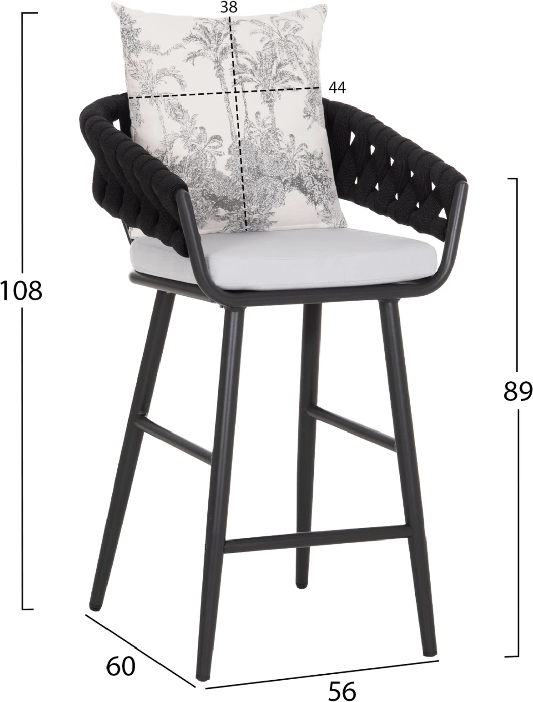 Karrige për bar alumini Camden, antracit e errët, me jastëkë, 56x60x108 cm, set 2 copë