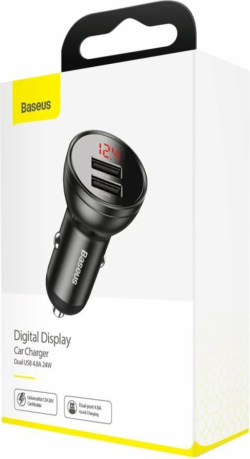 Karikues veture Baseus CCBX-0G, 2x USB, 24W, me ekran LCD, Gri