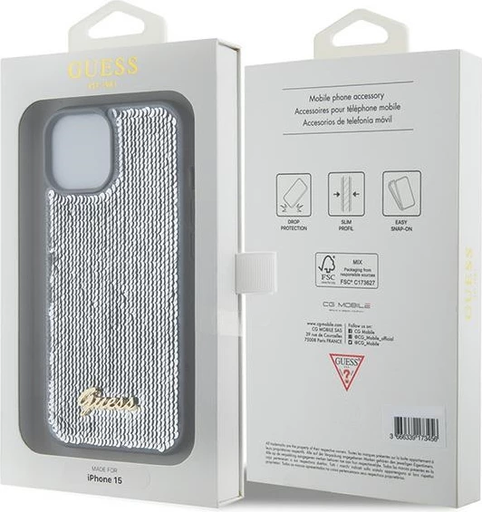 Mbështjellës Guess Sequin Script Metal për iPhone 15, argjend