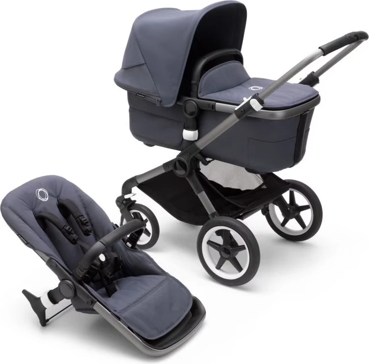 Bugaboo fox 3 carrycot and stroller with graphite frame, stormy blue fabrics and canopy