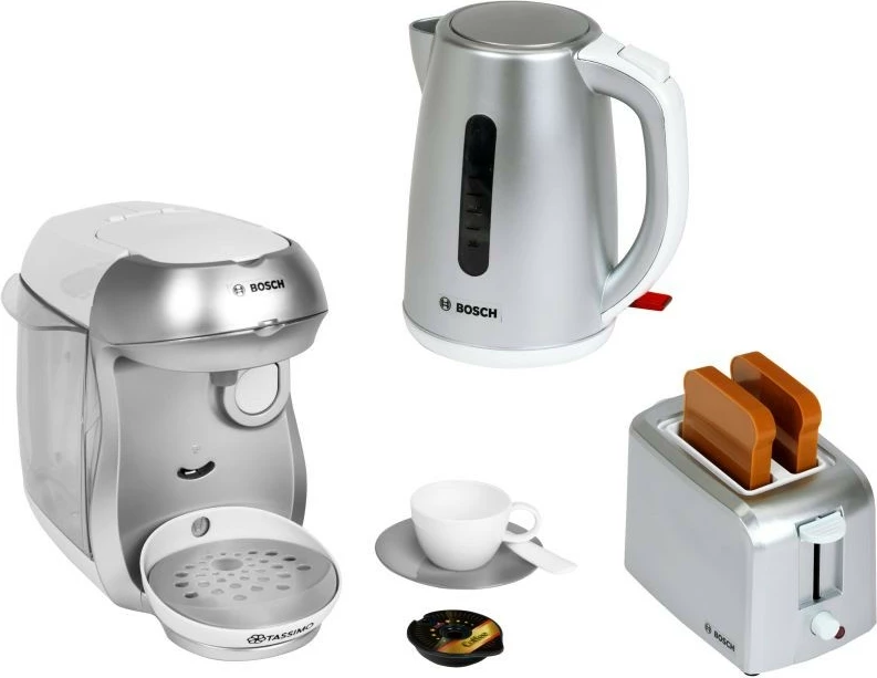 Set lodrash mëngjesi, Klein Bosch 9216, makinë kafeje me efekte zanore, kazan uji dhe toster, për fëmijë 3+, argjendtë, set