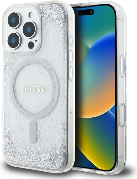 Mbështjellës Guess Resin Gradient Glitter MagSafe për iPhone 16 Pro, argjendtë