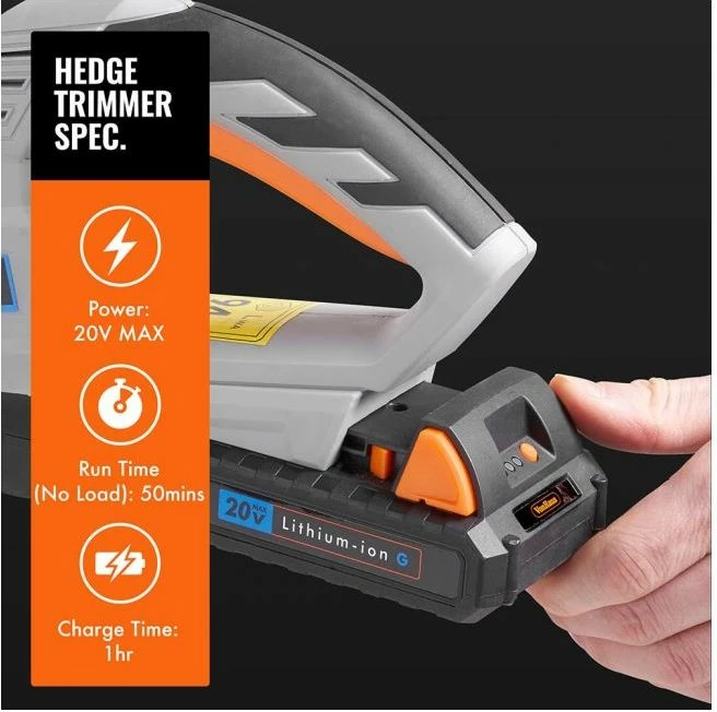 Trimer me bateri për gardh VONHAUS G-Series MPN 2515067 20V MAX 1.5Ah, teh 51 cm, prerje deri 15 mm, gri/portokalli, set me bateri+karikues+mbrojtës tehu