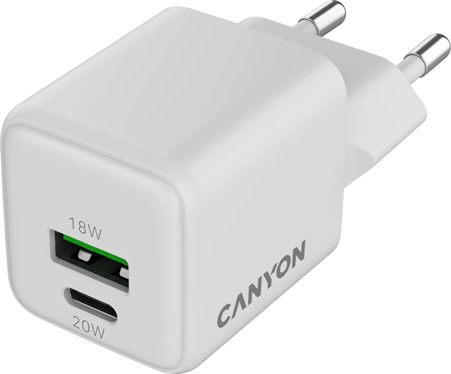 Karikues CANYON CU20AC GaN 20W, 1xUSB-C PD + 1xUSB-A QC, EU, i bardhë
