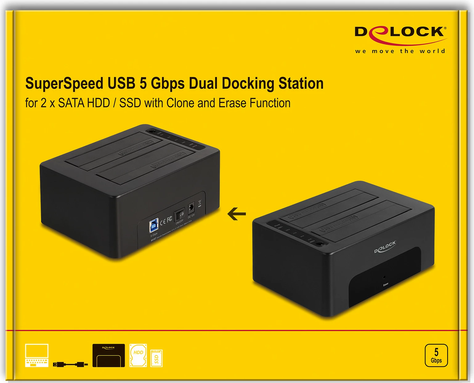 Stacion dokimi USB DeLOCK për 2x SATA HDD/SSD 2.5"/3.5", Clone/Erase, 5 Gbit/s, i zi