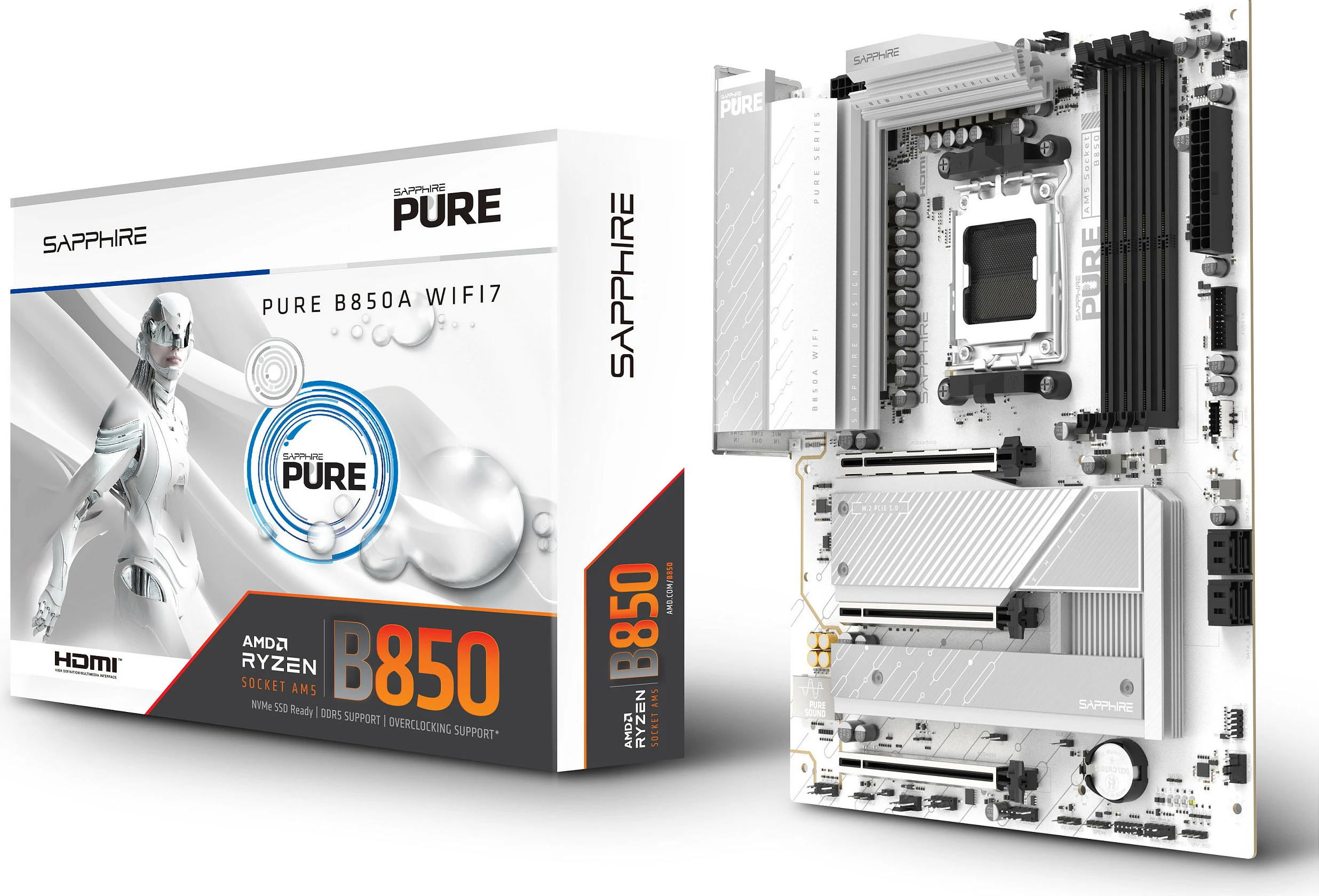 Pllakë amë Sapphire PURE B850A WIFI7, AM5, mATX, 3x M.2, Wi‑Fi 7, e bardhë