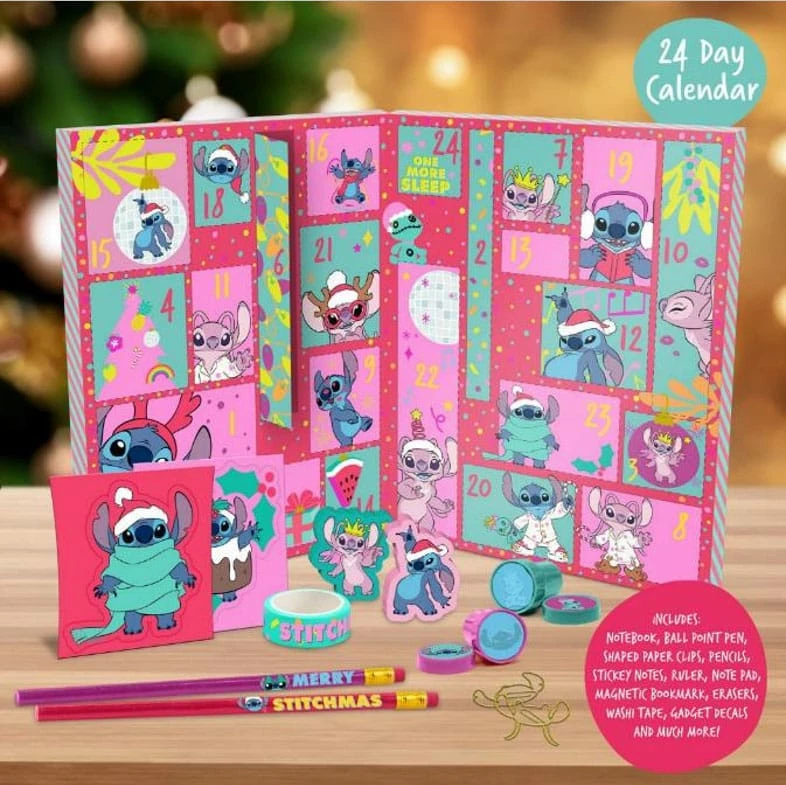 Kalendar adventi me artikuj shkrimi Disney Stitch Paladone, 24-ditor, set 32 copë, rozë