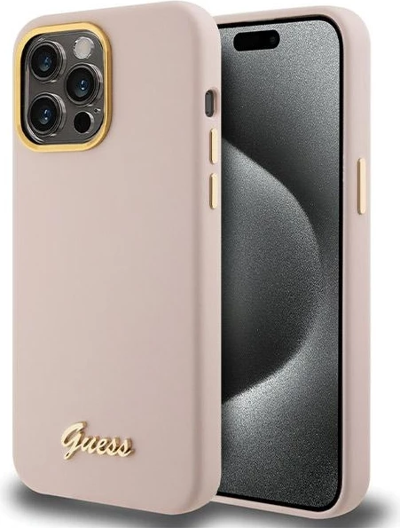 Mbështjellës Guess Silicone Script Metal Logo & Frame për iPhone 15 Pro, Rozë
