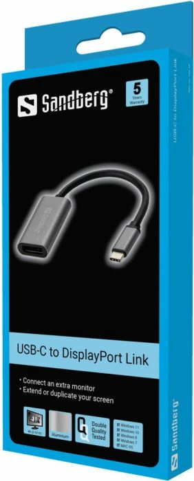 Adapter USB-C në DisplayPort Sandberg 136-19, 4K 60Hz, alumin, gri