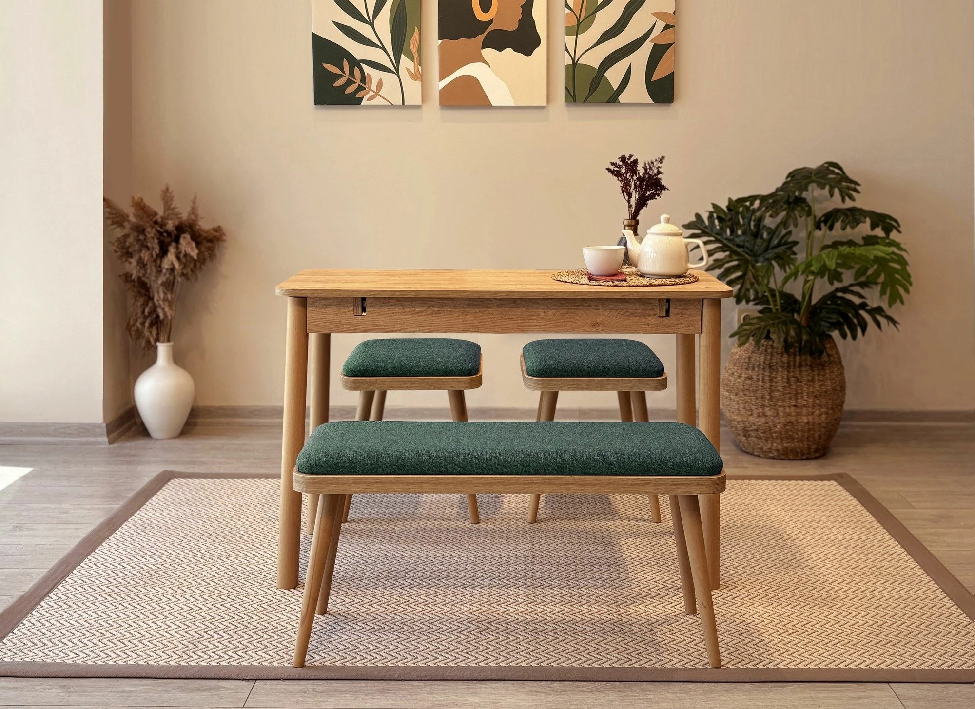 Set tavoline me karrige për ngrënie, zgjatës, 4 pjesë, Skye Decor, Vina Mini 04 1070, ngjyrë lis, e gjelbër