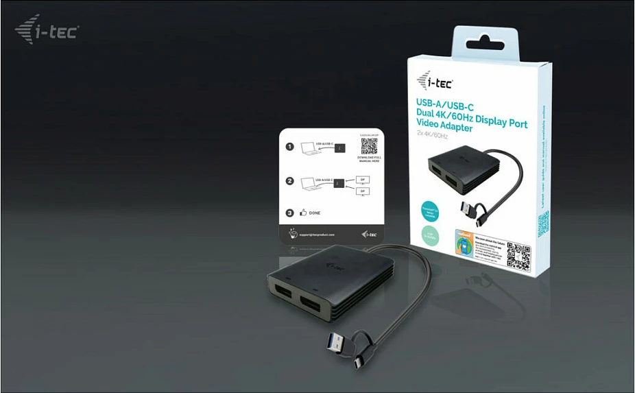 Adapter I-Tec USB-A/C në 2x DisplayPort, i zi