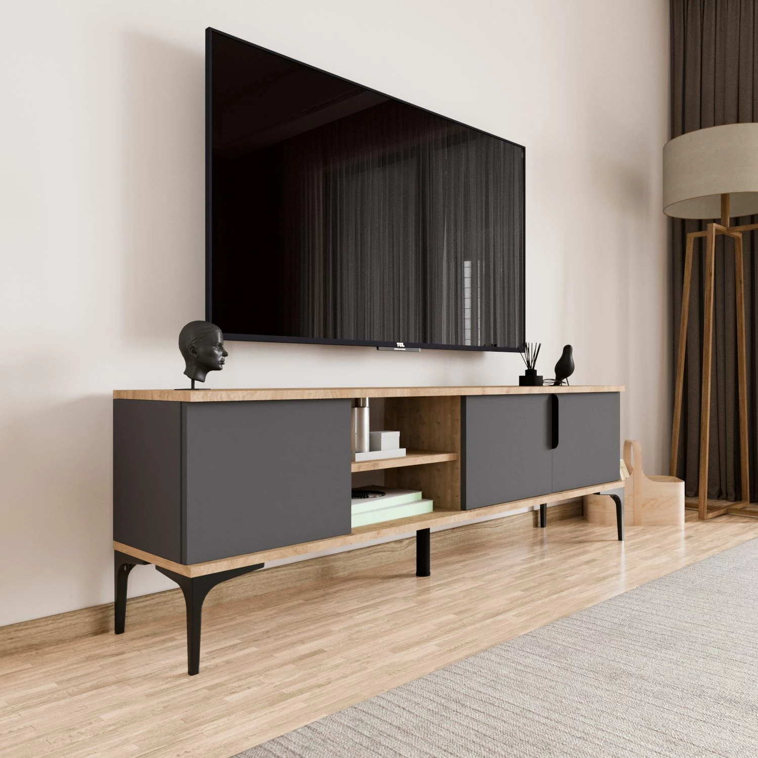 Komodë TV Skye Decor, ngjyrë lisi dhe antracit