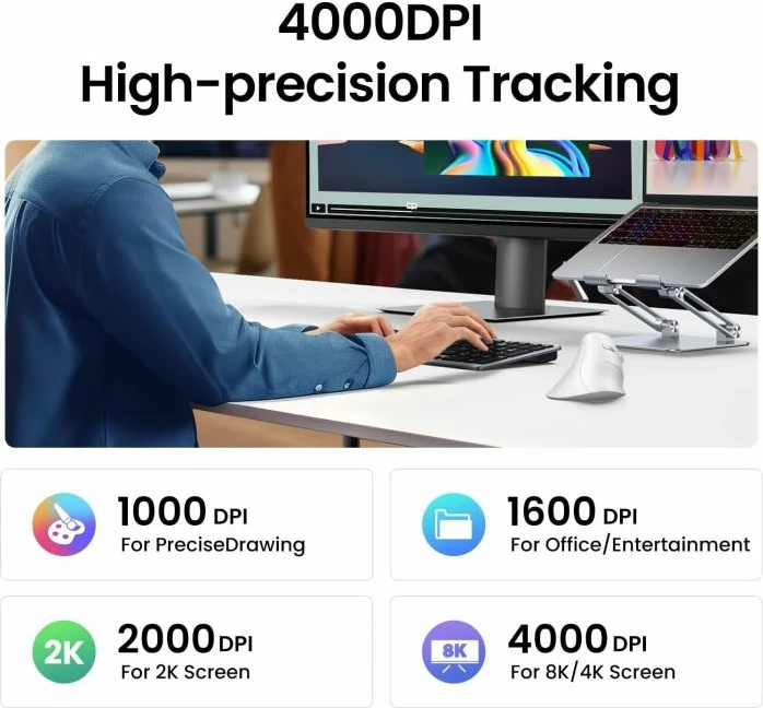 Maus vertikal ergonomik wireless UGREEN 45759, Bluetooth/2.4GHz, 4000 DPI, i bardhë