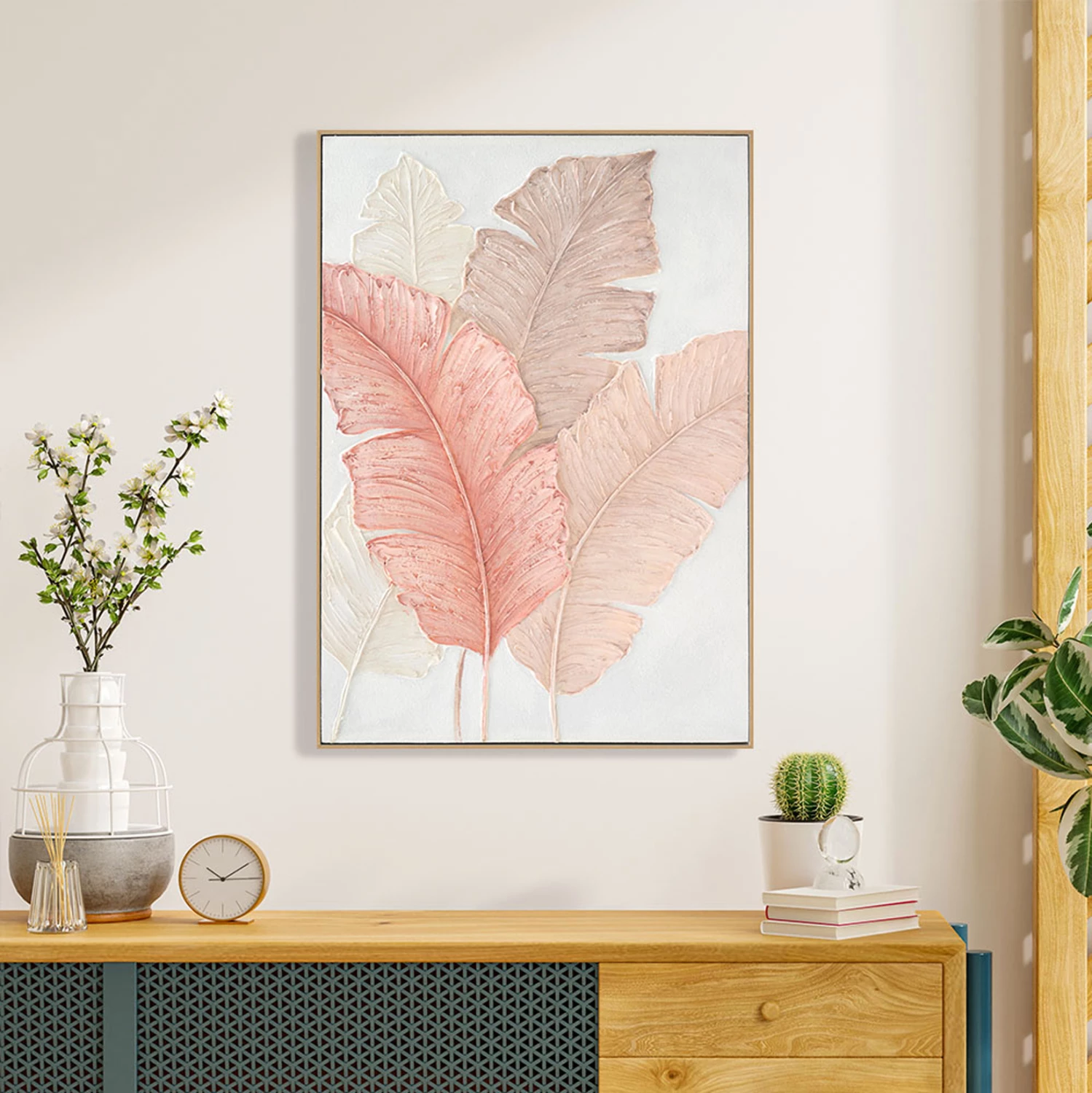 Pikturë muri FH4556 me kornizë PS ngjyrë bezhë-kanavacë gjethe të gjera 72x4,5x102H cm