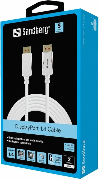 Kabllo lidhëse DisplayPort SANDBERG 509-15 DisplayPort 1.4 2m 8K@60Hz/4K@120Hz, e bardhë