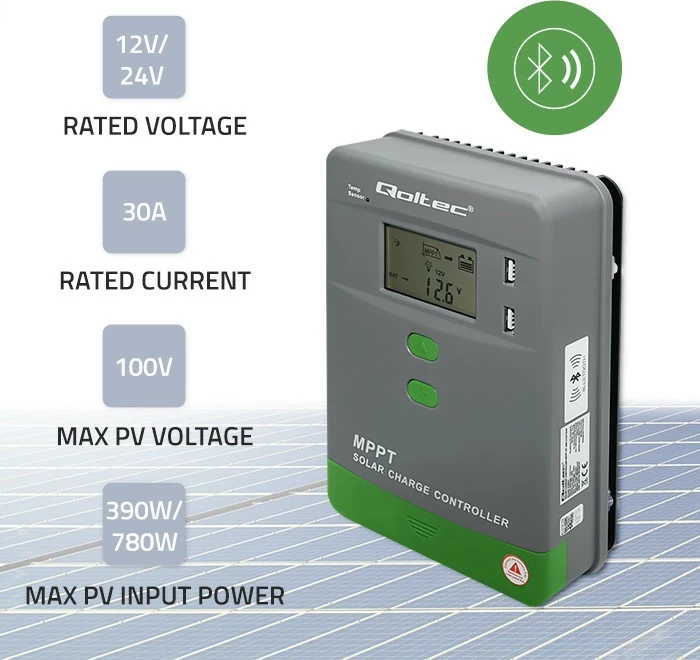Kontrollues karikimi diellor Qoltec MPPT 53662, 30A, 12V/24V, LCD, 2xUSB, Bluetooth, Gri/Jeshil