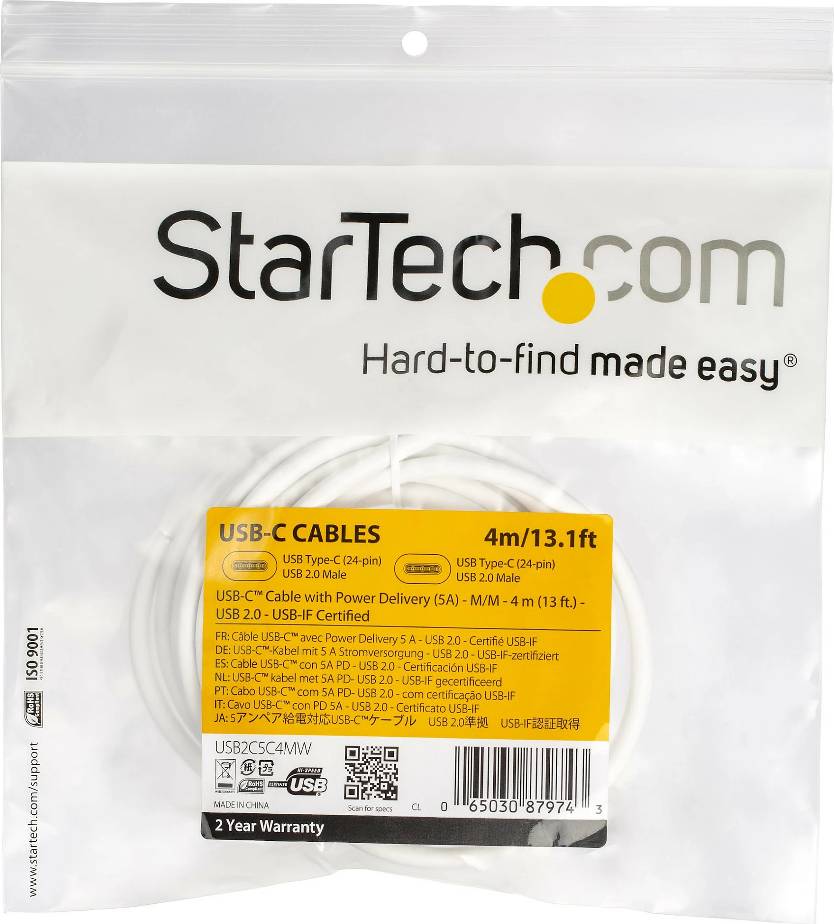 Kabllo USB-C StarTech 4m, Power Delivery 100W (5A), USB 2.0, e bardhë