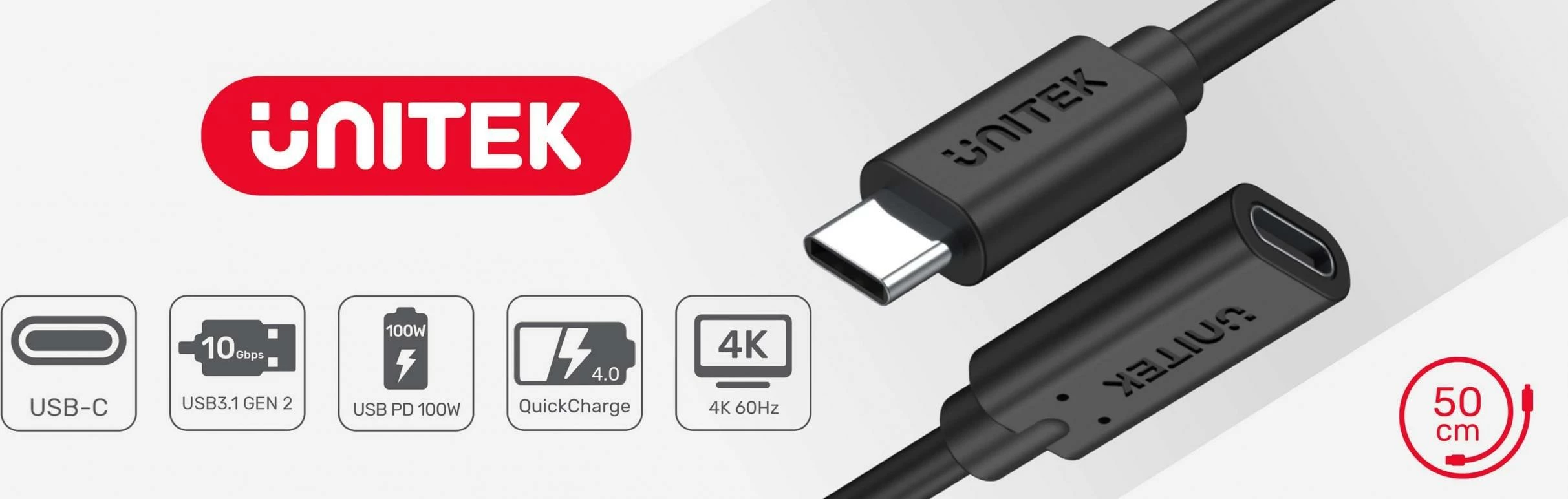 Kabllo zgjatëse USB-C Unitek C14086BK-1M 1 m USB-C mashkull në USB-C femër, e zezë