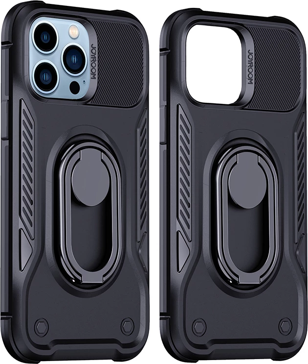 Mbështjellës Joyroom Dual Hinge për iPhone 14 Pro, me mbajtëse dhe unazë, i zi