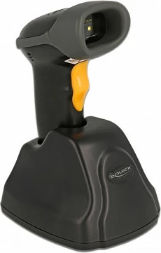 Skaner barkodi DeLOCK 2.4 GHz 1D/2D me bazë karikimi, USB, 2000 mAh, i zi/portokalli