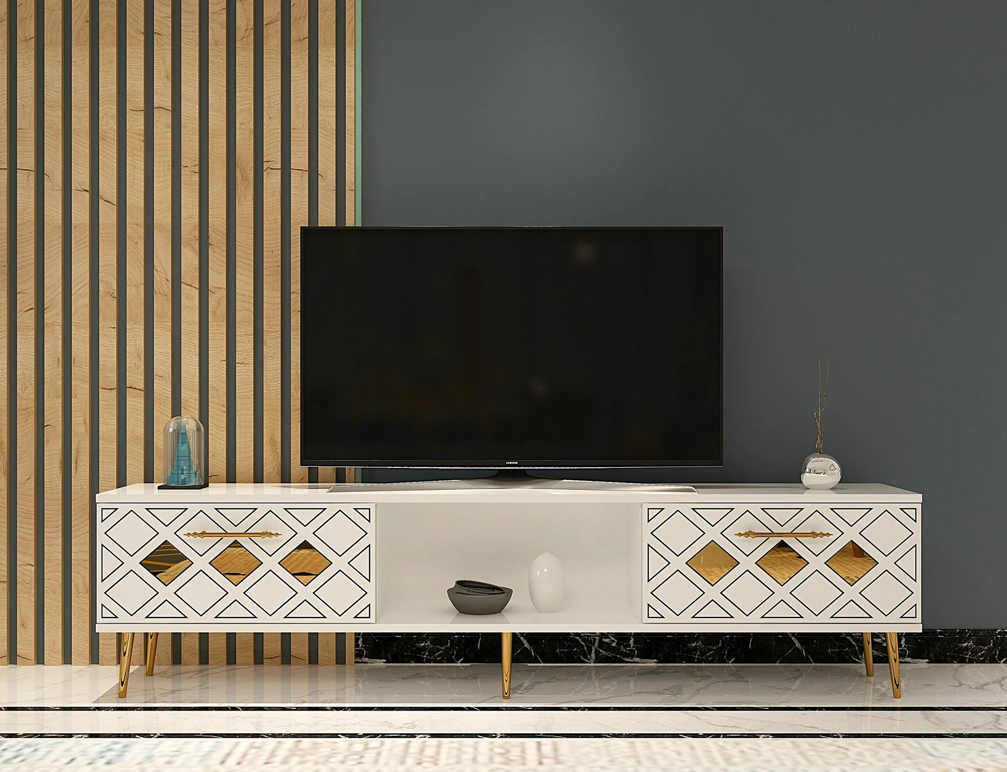 Komodë TV Skye Decor, e bardhë, argjend