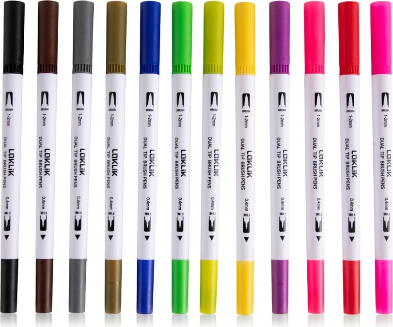 Set markerash brush LOKLiK Dual Tip, 12 ngjyra, refillable, pa erë, shumëngjyrësh
