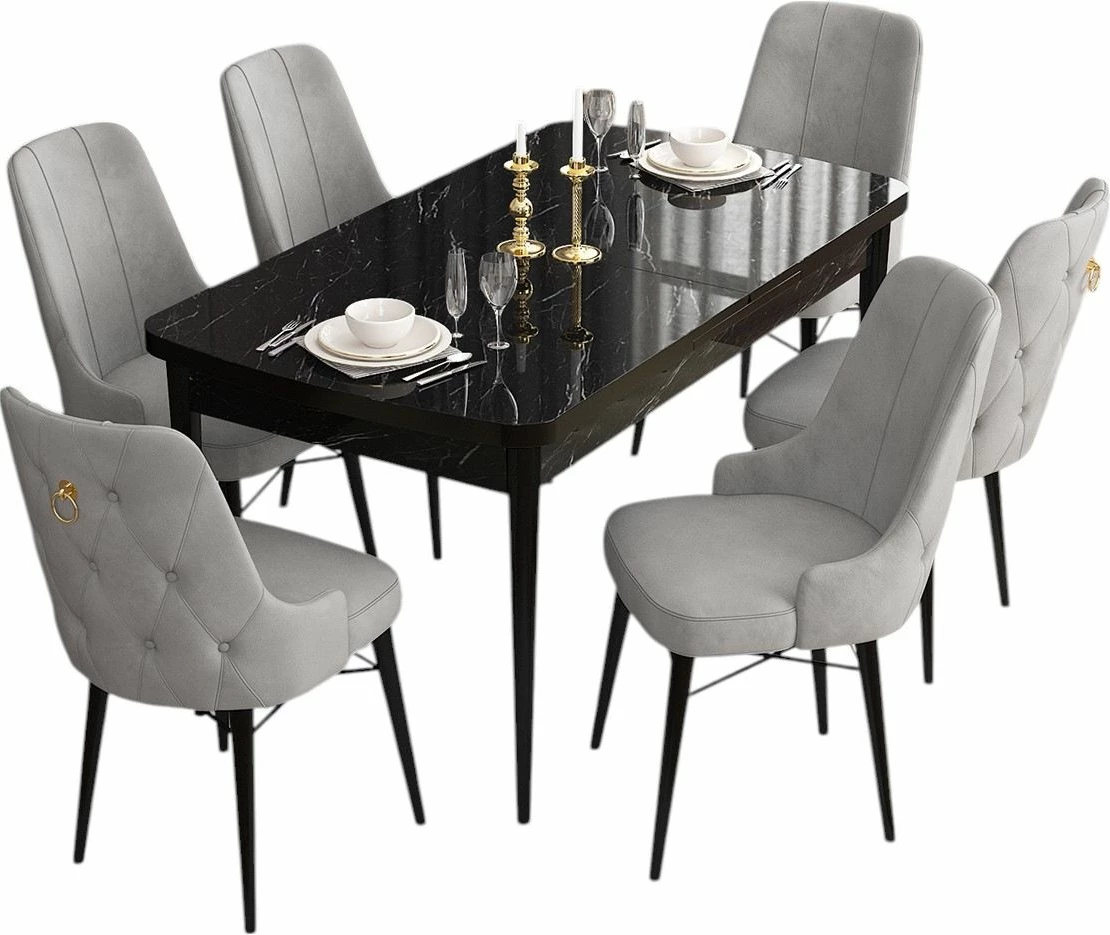 Tavolinë me karrige për ngrënie, zgjatshme, 7 copë, Skye Decor, mermer i zi, gri