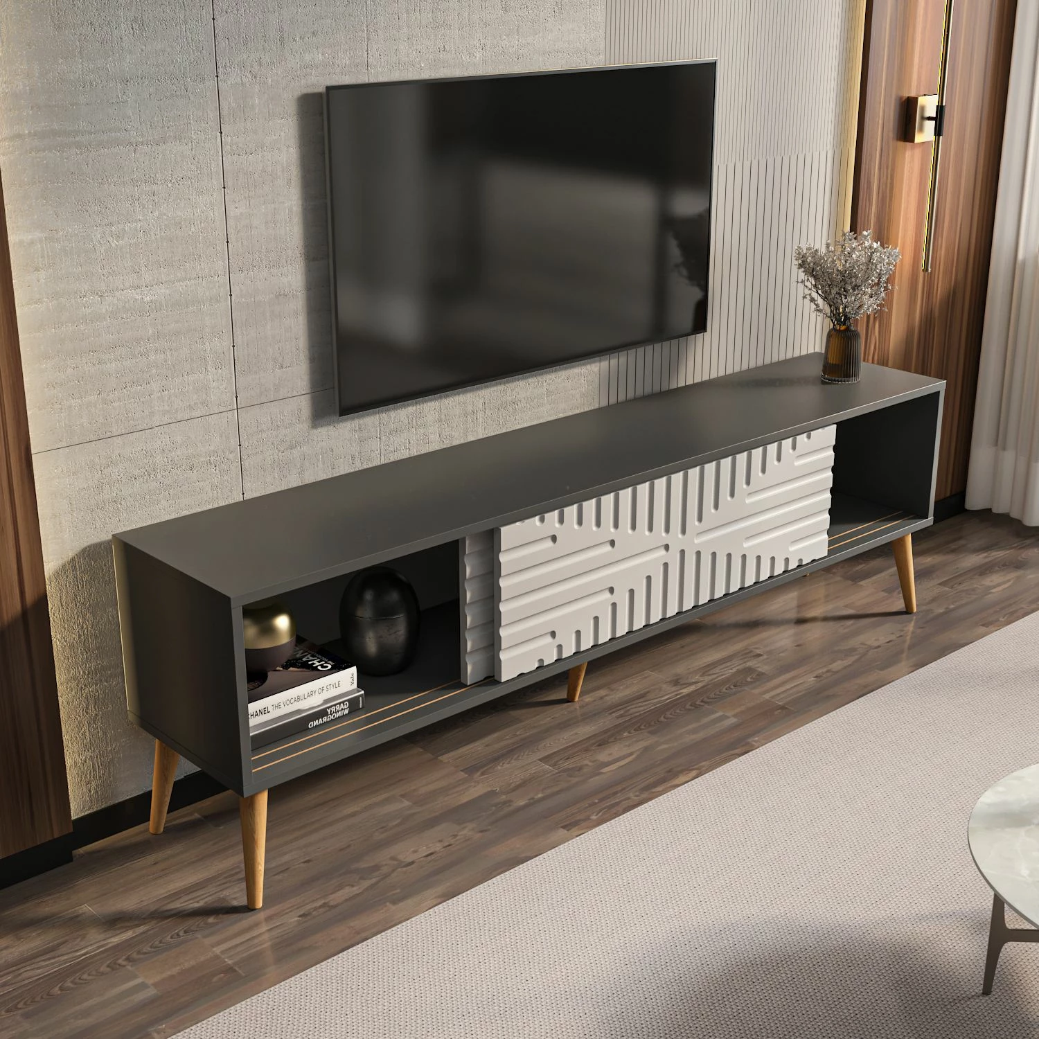 Komodë për TV, Skye Decor, ngjyrë antracit dhe e bardhë
