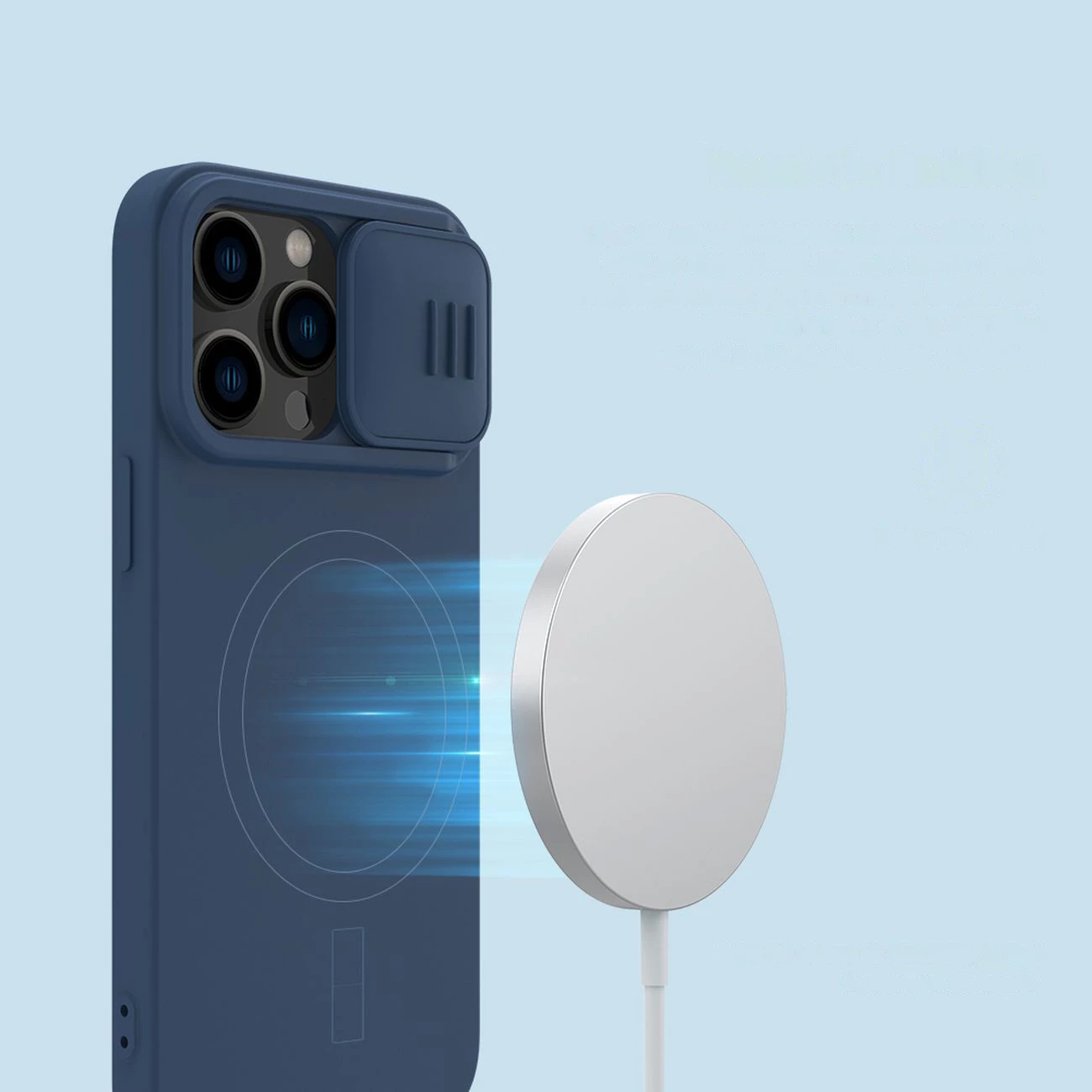 Mbështjellës Nillkin CamShield Silky Silicone për iPhone 14 Pro Max, MagSafe, kapak kamere, Kaltër