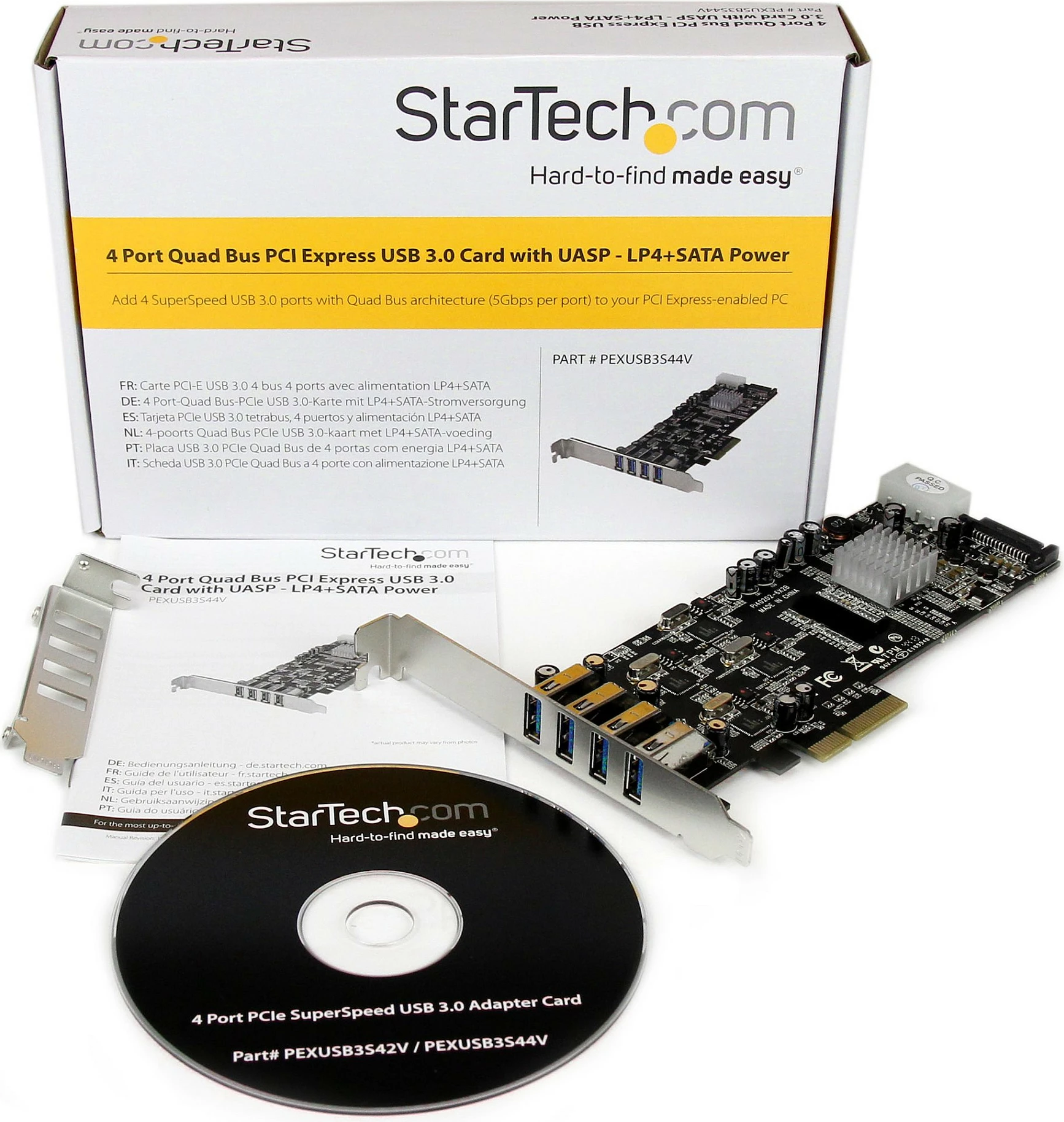 Kartelë PCIe USB StarTech PEXUSB3S44V, 4x USB 3.2 Gen 1, UASP, Full/Low Profile, e zezë