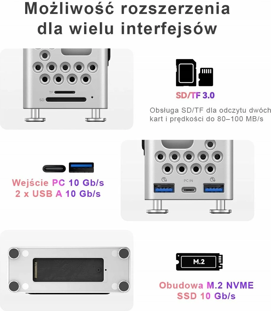 Kasë Orico për Mac Mini M4 me slot M.2 NVMe, 2x USB 3.2, USB-C, lexues kartele, argjend