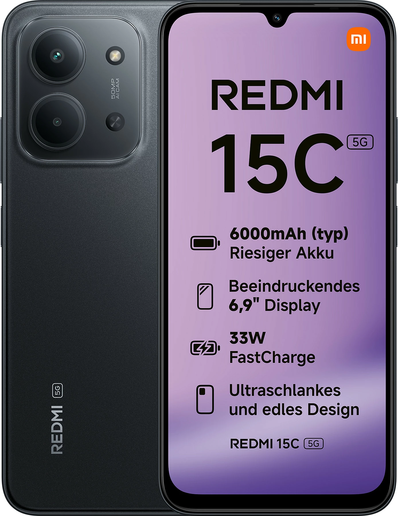 Celular Xiaomi Redmi 15C 5G, 4GB RAM, 128GB, 6.9" 120Hz, 50MP, Midnight Black